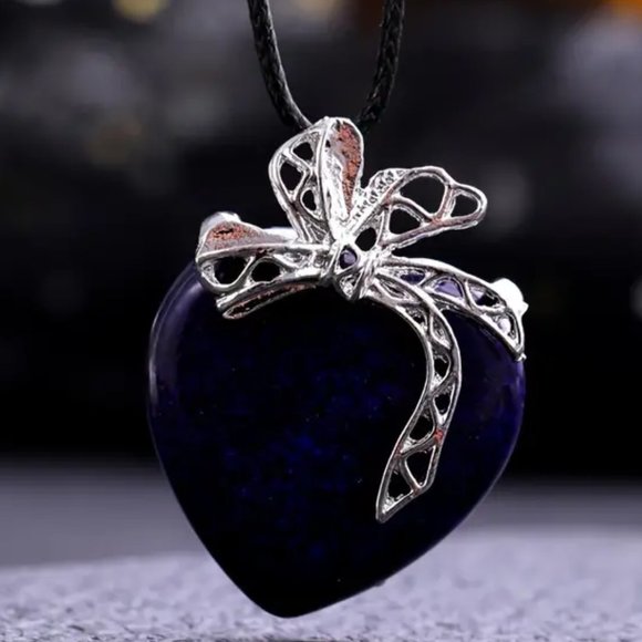 Lapis Lazuli Natural Gemstone Love Heart Bow Knot Pendant Necklace Gemstone - Picture 2 of 2